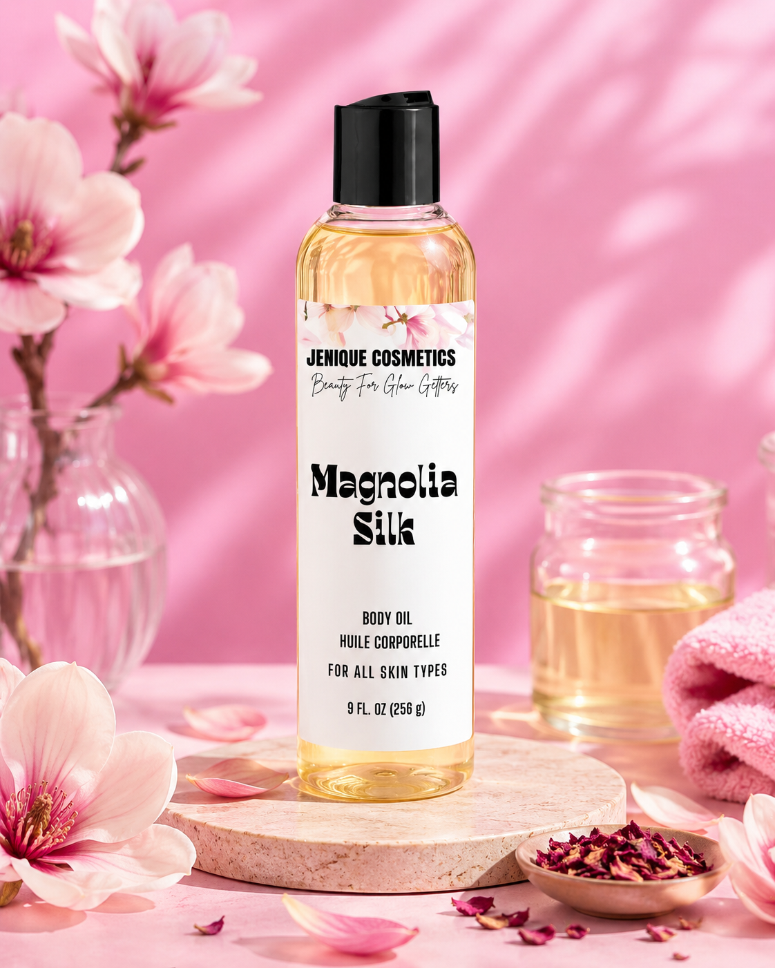 Magnolia Silk body oil with pink flowers, rose petals and a pink background
