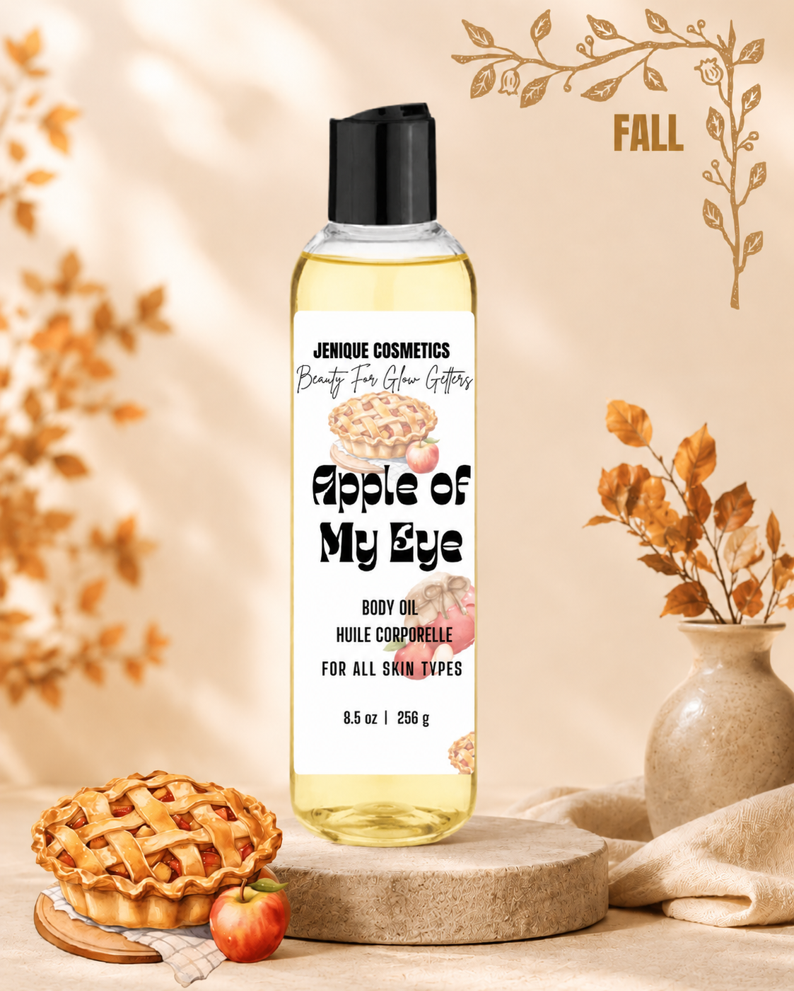 Bottle of Jenique Cosmetics Apple of My Eye body oil with a pie and apples on a wooden surface.