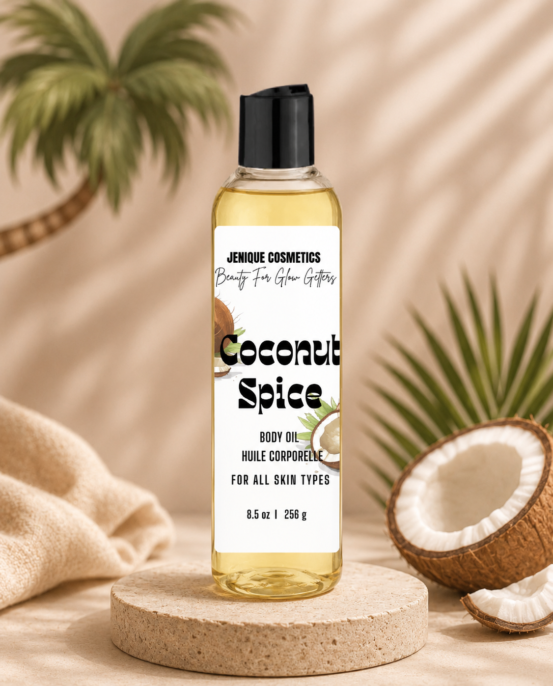 Coconut Spice body oil bottle with coconuts on a neutral background