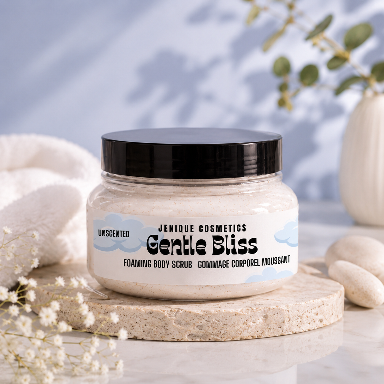 Jenique Cosmetics Gentle Bliss unscented foaming body scrub on a light surface with a blurred natural background