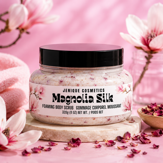 Jenique Cosmetics Magnolia Silk foaming body scrub with cherry blossoms and petals on a pink background