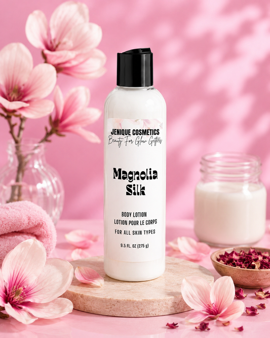 Body lotion bottle labeled 'Magnolia Silk' with pink flowers and a pink background