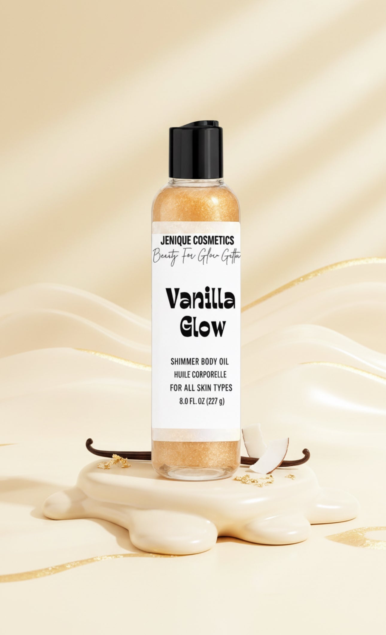 Vanilla Glow shimmer body oil with vanilla beans and flowers 