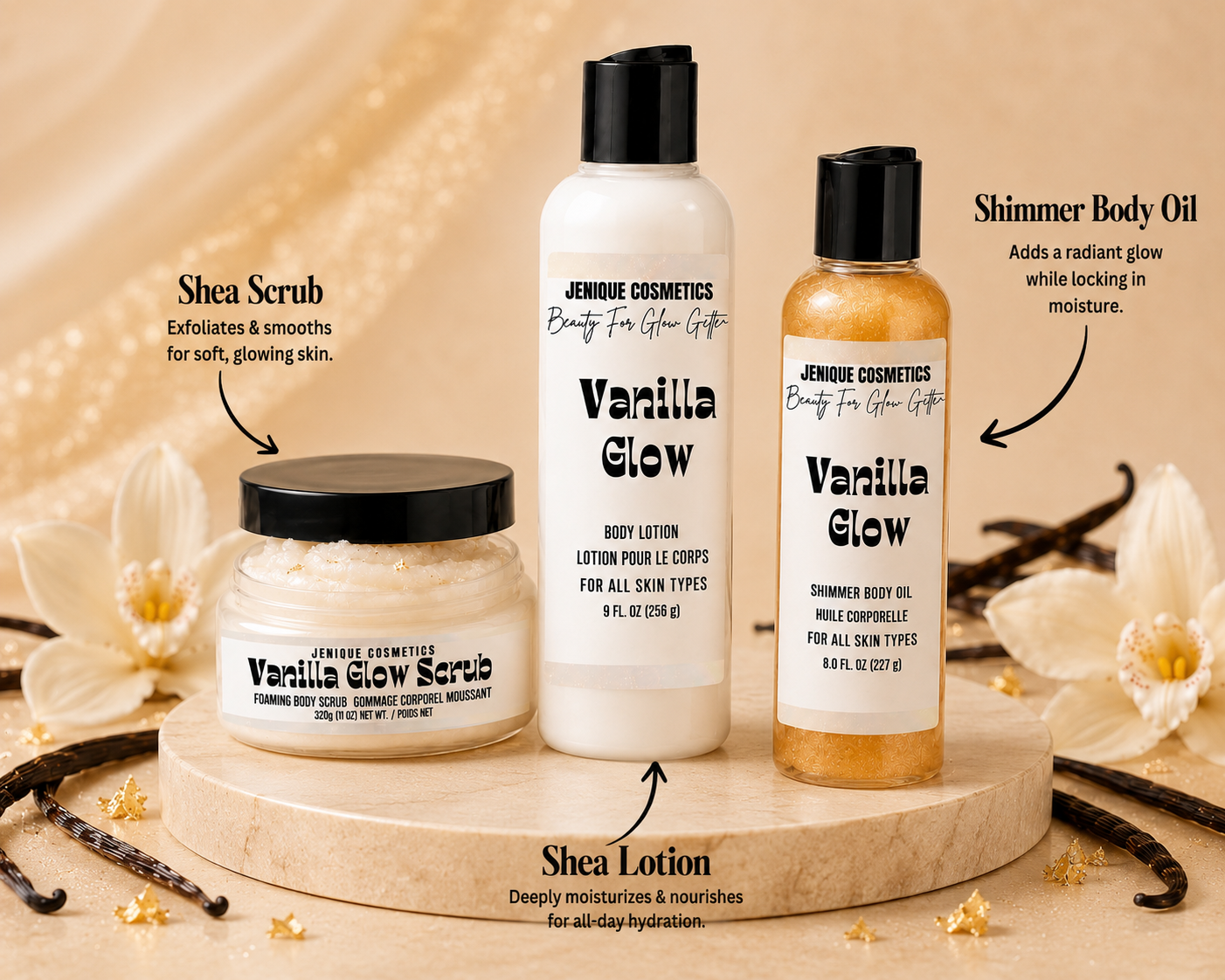 Jenique Cosmetics Vanilla Glow product set including scrub, lotion, oil, and scrub on a wooden platform with vanilla beans and flowers.